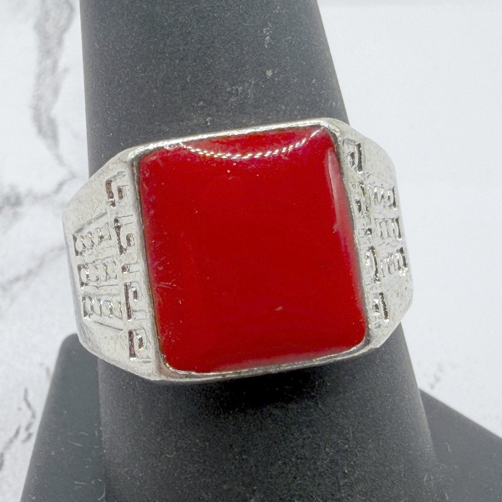 Red Glass Cabochon Silver Tone Geometric Statement Ring Size 9 New